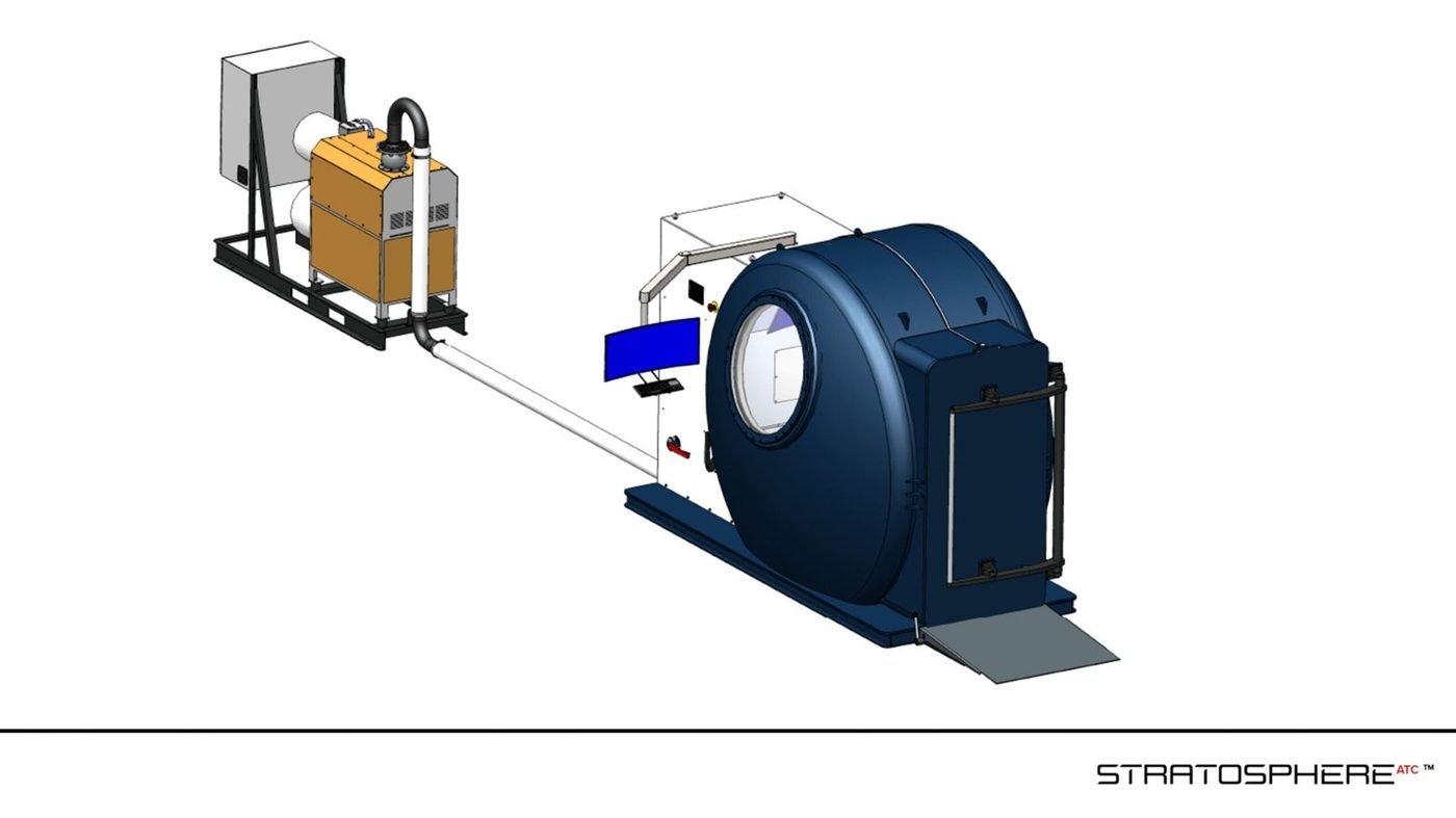 Full system CAD render: chamber plus vacuum pump cart